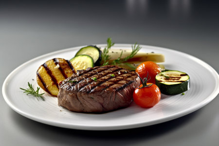 Grilled steak with vegetables on a white plate on a dark background with Generative AI.の素材