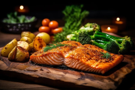 Grilled salmon fillet with baked potatoes and vegetables on wooden board with Generative AI.の素材