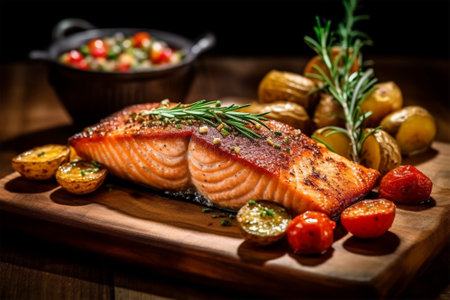 Grilled salmon with baked potatoes and tomatoes on a wooden board with Generative AI.の素材