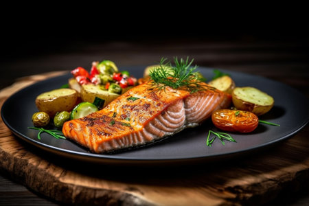 Grilled salmon with baked potatoes and vegetables on a black plate with Generative AI.の素材