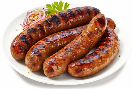 Grilled sausages with onion and parsley on a plate with Generative AI.の素材