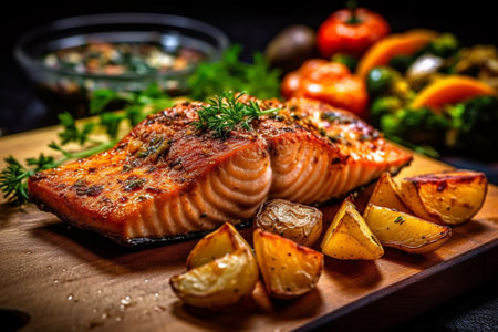 Grilled salmon fillet with baked potatoes and vegetables on wooden board with Generative AI.の素材