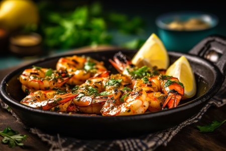Grilled tiger prawns with garlic, parsley and lemon with Generative AI.の素材