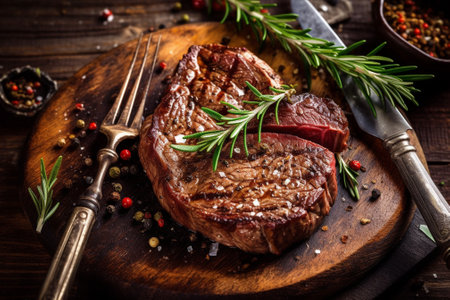 Grilled beef steak with rosemary and peppercorns on cutting board with Generative AI.の素材