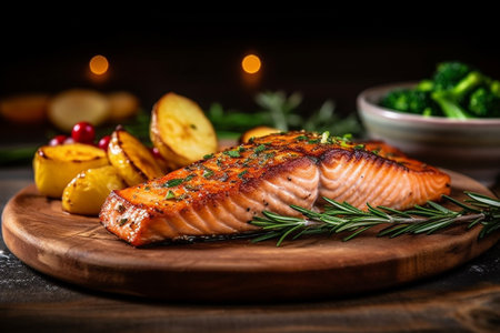 Grilled salmon steak with baked potatoes and rosemary on wooden board with Generative AI.の素材