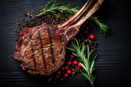 Rack of lamb with spices and herbs on a black background with Generative AI.の素材