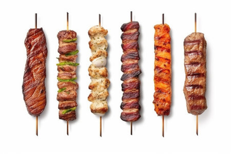 Grilled meat on skewers isolated on white background. Top view with Generative AI.の素材