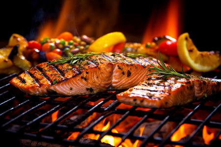 Salmon steak on the grill with flames and smoke. Toned with Generative AI.の素材