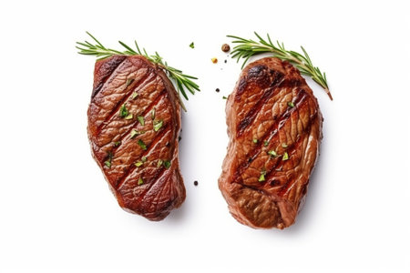 Grilled beef steak with rosemary and spices isolated on white background with Generative AI.の素材