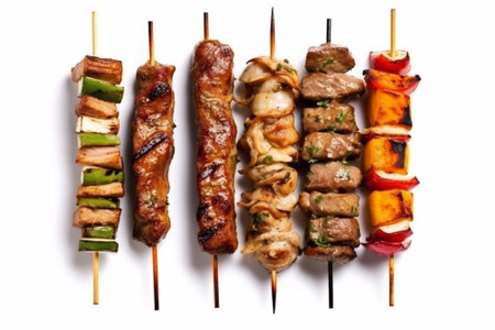 Skewers with meat and vegetables on a white background with Generative AI.の素材