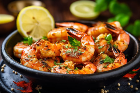 Grilled tiger prawns with lemon and parsley in a bowl with Generative AI.の素材