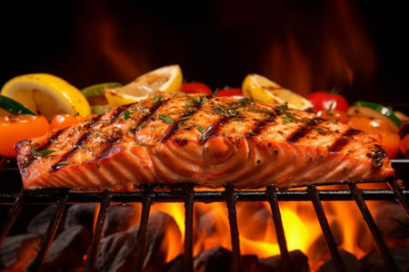 Close up of grilled salmon with lemon and vegetables on the flaming grill with Generative AI.の素材