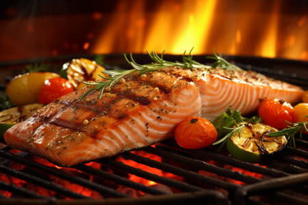 Grilled salmon steak with vegetables on a barbecue grill, closeup with Generative AI.の素材