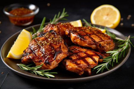 Grilled chicken fillet with rosemary and lemon on a black background with Generative AI.の素材