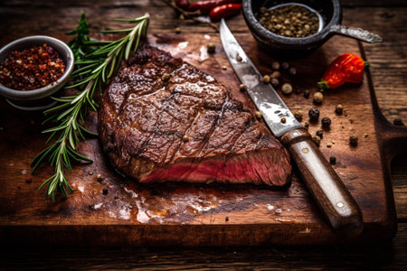 Grilled beef steak with rosemary and spices on a cutting board with Generative AI.の素材