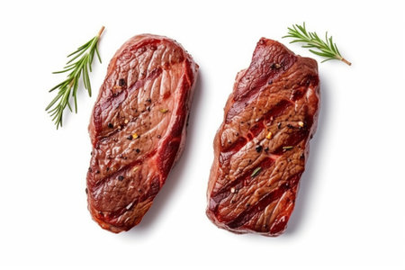 Two raw marbled beef steaks isolated on white background. Top view with Generative AI.の素材