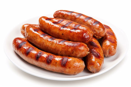 Grilled sausages on a plate isolated on white background with Generative AI.の素材