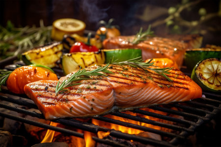Grilled salmon fillet with vegetables and herbs on the grill with Generative AI.の素材
