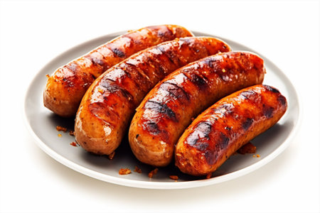 Grilled sausages on a plate isolated on white background with Generative AI.の素材