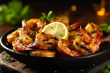 Grilled tiger prawns with lemon and herbs in a pan with Generative AI.の素材