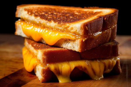 Sandwich with cheese and honey on a wooden board. Black background with Generative AI.の素材