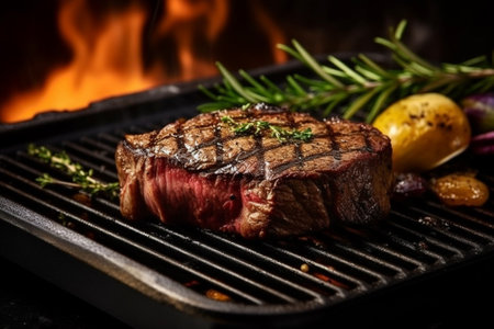 Grilled beef steak with rosemary and spices on a grill pan with Generative AI.の素材