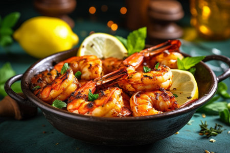 Grilled tiger prawns with lemon and herbs. Seafood with Generative AI.の素材