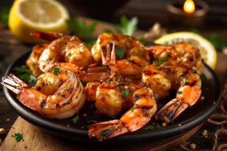 Grilled tiger prawns with lemon and parsley on a plate with Generative AI.の素材