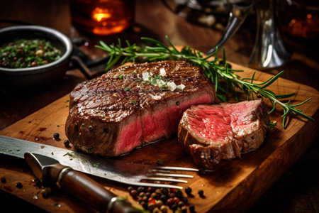 Grilled beef steak with herbs and spices on wooden cutting board with Generative AI.の素材