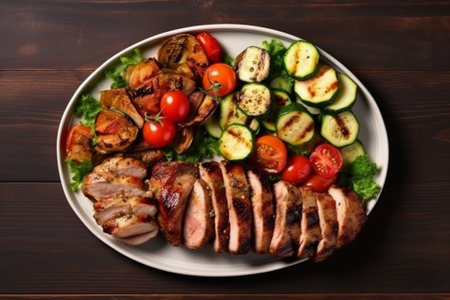 Grilled chicken fillet with vegetables on a wooden table. Top view with Generative AI.の素材