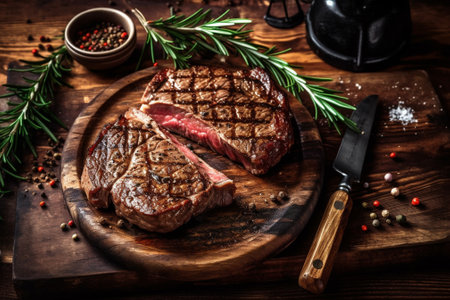Grilled T-bone steak with rosemary and peppercorns with Generative AI.の素材
