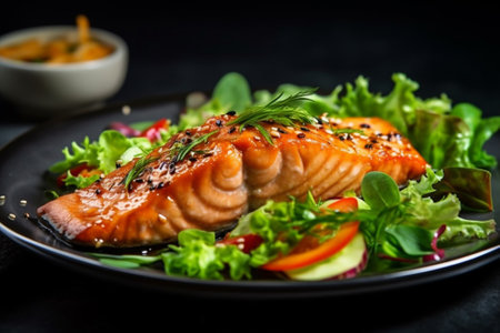 Salmon steak with salad on a black background. Healthy food with Generative AI.の素材