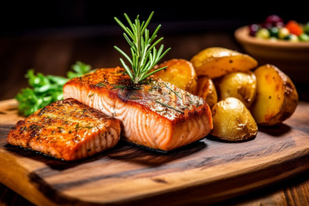 Grilled salmon fillet with potatoes and vegetables on a wooden board with Generative AI.の素材