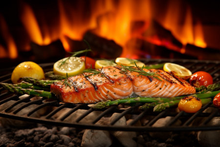 Grilled salmon with asparagus and lemon on a barbecue grill with Generative AI.の素材