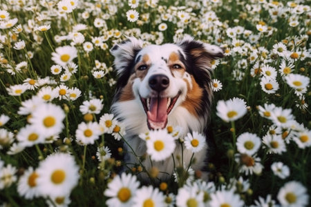 Australian shepherd in a field of daisies. Beautiful Australian Shepherd in a field of daisies with Generative AI.の素材