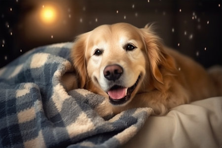 Cute Golden Retriever lying on a plaid under the blanket with Generative AI.の素材