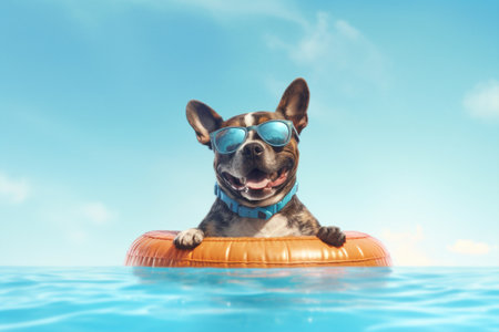 funny dog in sunglasses floating on an inflatable ring in the sea with Generative AI.の素材