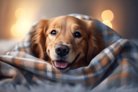 Cute dog under plaid on bed at home, closeup with Generative AI.の素材