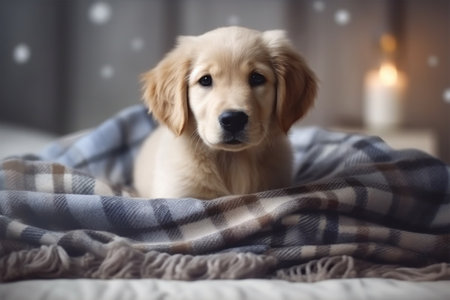 Cute Golden Retriever puppy under plaid on bed at home with Generative AI.の素材