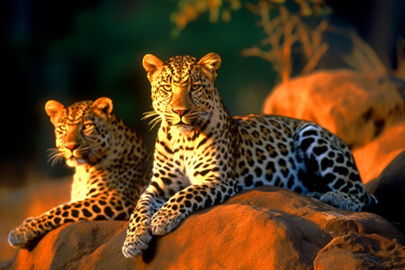 Leopard (Panthera pardus) resting on rock with Generative AI.の素材