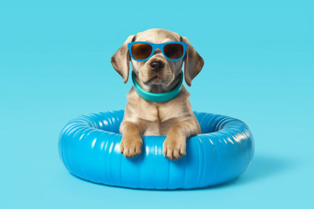 Cute labrador retriever puppy wearing sunglasses and swimming ring on blue background with Generative AI.の素材