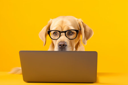 Labrador retriever dog with glasses and laptop computer on yellow background with Generative AI.の素材