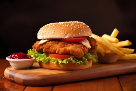 Chicken burger with french fries and ketchup on a wooden table with Generative AI.の素材