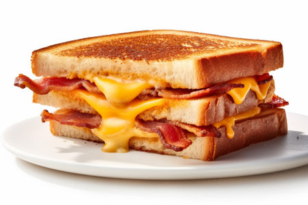 Sandwich with bacon, cheese and mayonnaise isolated on white background with Generative AI.の素材