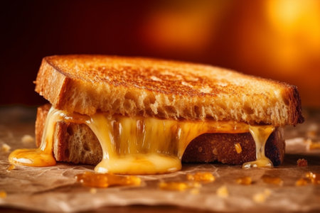 Sandwich with melted cheese and caramel on a wooden background. Close-up with Generative AI.の素材