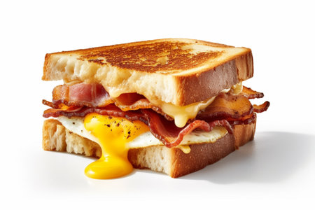Toasted bread with bacon and egg isolated on a white background with Generative AI.の素材