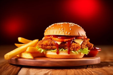 Hamburger and french fries on a wooden board on a red background with Generative AI.の素材