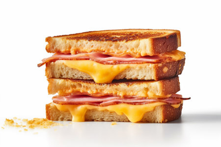 Sandwich with ham, cheese and mayonnaise on white background with Generative AI.の素材