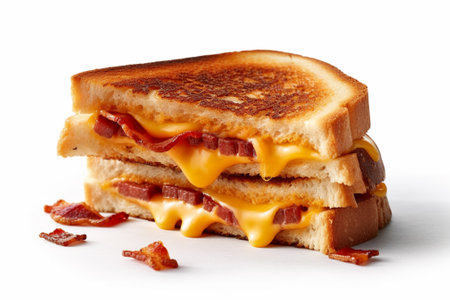 Sandwich with cheese and bacon on a white background. Isolated with Generative AI.の素材