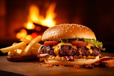 Cheese burger - American cheese burger with Golden French fries on wooden board with Generative AI.の素材